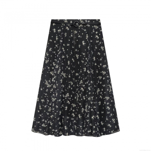 Women Daisy Print Chiffon Skirt Vintage Black Floral A-Line Pleated Skirt With Belt Summer Casual Holiday Midi Skirt For Women Girls
