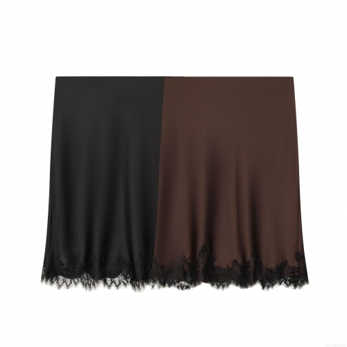 Women's Sexy Satin Skirt with Eyelash Lace Hem Trim Solid Color High Waist Straight Bodycon Mini Skirt for Party Clubwear Streetwear