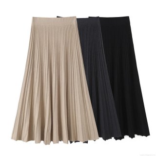 Women's Elegant Knitted Pleated Midi Skirt Elastic High Waist A-Line Long Skirt Solid Color Casual Streetwear Fashion Skirt for Women Autumn Winter