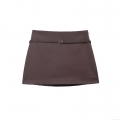 Women High Waist Mini Skirt With Belt Silver Buckle Polyester Blend Solid Coffee Brown Sexy Streetwear Short Skirt For Ladies