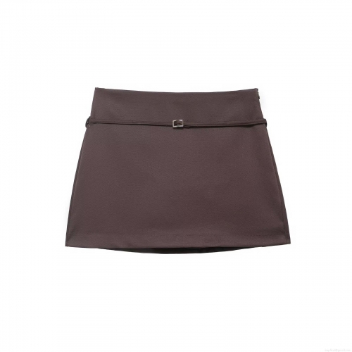 Women High Waist Mini Skirt With Belt Silver Buckle Polyester Blend Solid Coffee Brown Sexy Streetwear Short Skirt For Ladies