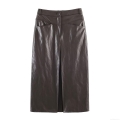Women High Waist Faux Leather Midi Skirt Sexy PU Pleated Straight Skirt With Pockets And Back Slit Streetwear Chic Solid Color Autumn Winter Bottoms