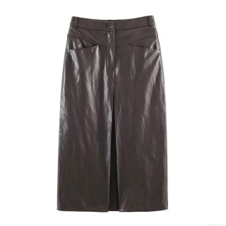 Women High Waist Faux Leather Midi Skirt Sexy PU Pleated Straight Skirt With Pockets And Back Slit Streetwear Chic Solid Color Autumn Winter Bottoms