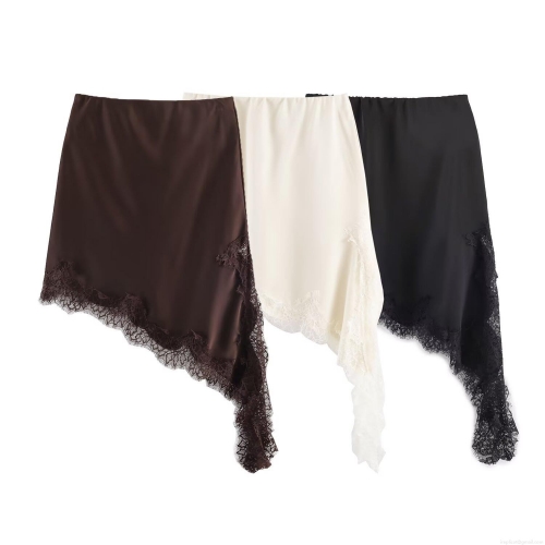 Women's Sexy Asymmetric Lace Satin Mini Skirt Elegant Solid Color Silk Luster Bodycon Skirt For Streetwear Party Date Night Fashion Bottoms