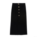 Women Velvet High Waisted Long Straight Skirt With Golden Decorative Rose Buttons Elegant Slimming Autumn Winter Polyester Skirt Bottoms