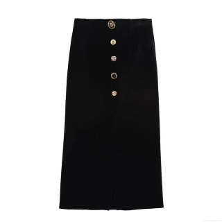 Women Velvet High Waisted Long Straight Skirt With Golden Decorative Rose Buttons Elegant Slimming Autumn Winter Polyester Skirt Bottoms