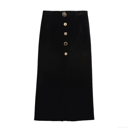 Women Velvet High Waisted Long Straight Skirt With Golden Decorative Rose Buttons Elegant Slimming Autumn Winter Polyester Skirt Bottoms