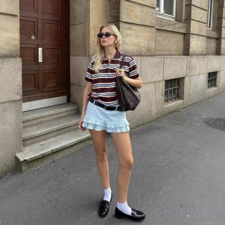 Women Sexy Low Waist Pleated Mini Skirt And Striped Polo Shirt Streetwear Set Polyester Cotton Knit Short Skirt For Party Casual Female Clothing