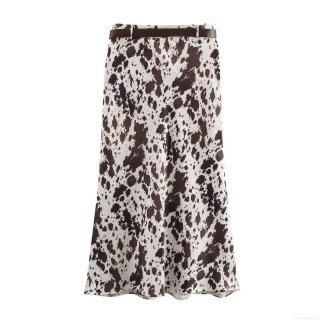 Women's Sexy Cow Print Satin Midi Skirt High Waist A-Line Skirt With Belt Animal Print Elegant Long Skirt For Party Daily Wear