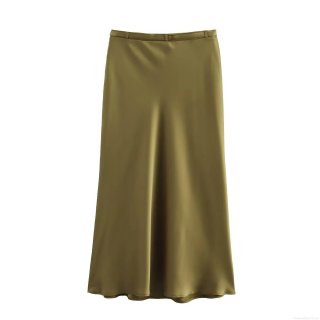 Women's Elegant High Waist Satin A-Line Skirt With Matching Belt Silky Polyester Long Midi Skirt For Dating Party Office Professional Daily Wear Solid Color Bottoms