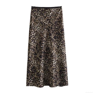 Women's Satin Leopard Print Midi Skirt Sexy High Waist A-Line Skirt With Lace Trim Bow Detail Elegant Casual Party Bottoms
