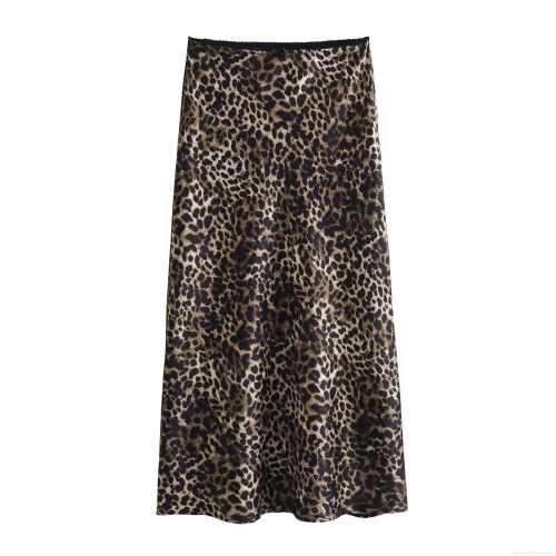 Women's Satin Leopard Print Midi Skirt Sexy High Waist A-Line Skirt With Lace Trim Bow Detail Elegant Casual Party Bottoms
