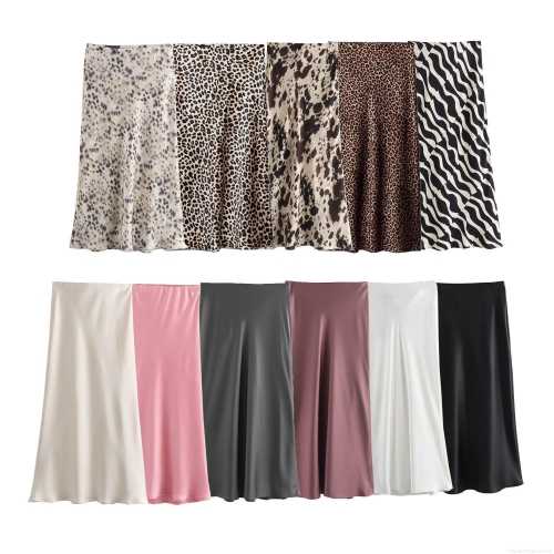 Women's Elegant Satin Midi Skirt High Waist Silk Texture A-line Skirt Bias Cut Leopard Zebra Animal Print Long Skirt For Party Dating Office Lady Streetwear