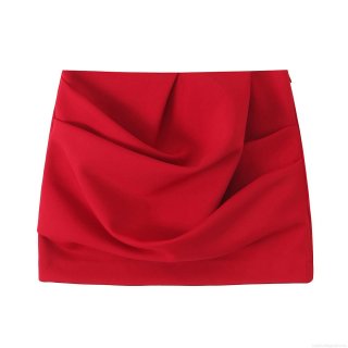 Sexy Red Ruched Bodycon Mini Skirt For Women Solid Color Polyester Slim Fit Short Pencil Skirts Party Club Streetwear Fashion Clothing