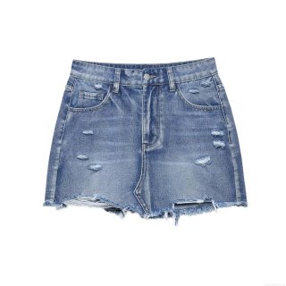 Women's High Waist Ripped Denim Skirt Washed Blue Frayed Hem Mini Skirt Casual Streetwear Distressed Polyester Half Skirt