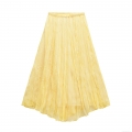 Women's Fashion Pleated Midi Skirt Elastic High Waist A-Line Solid Color Yellow Polyester Long Skirt For Daily Streetwear Party Lady