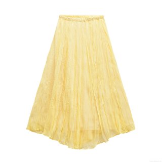 Women's Fashion Pleated Midi Skirt Elastic High Waist A-Line Solid Color Yellow Polyester Long Skirt For Daily Streetwear Party Lady
