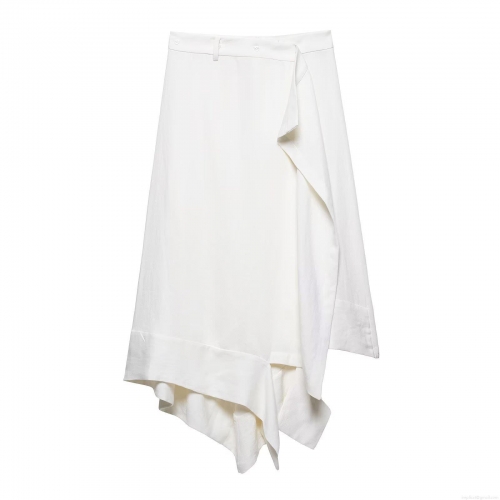 Sexy Women High Waist Asymmetric Ruffle Skirt White Polyester Midi Bodycon Skirt For Streetwear Party Date Slim Fit Street Style Pure Color Bottom