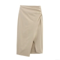 Women's Sexy High Waist Ruched Side Midi Skirt Khaki Irregular Wrap Design Split Hem Twill Woven Polyester Bodycon Skirt For Streetwear Party Club