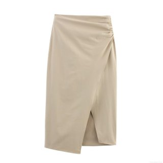 Women's Sexy High Waist Ruched Side Midi Skirt Khaki Irregular Wrap Design Split Hem Twill Woven Polyester Bodycon Skirt For Streetwear Party Club