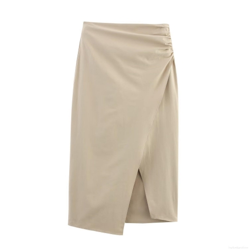 Women's Sexy High Waist Ruched Side Midi Skirt Khaki Irregular Wrap Design Split Hem Twill Woven Polyester Bodycon Skirt For Streetwear Party Club