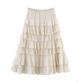 Women's Chic Tiered Ruffle Midi Skirt Elegant Elastic High Waist Layered Cake Design Polyester Solid Color Summer Casual Party Vacation Skirt INS Style Streetwear