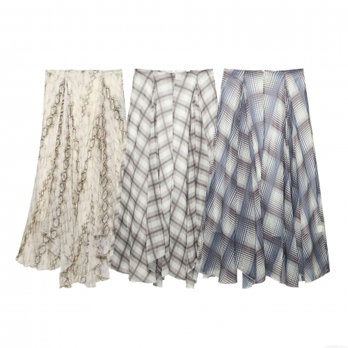 Women's High Waist Maxi Skirt Casual 100% Polyester Snake Skin Plaid Print Flared A-Line Long Skirt For Party Vacation Fashion