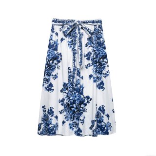 Elegant Women's Blue and White Floral Butterfly Print High Waist A-Line Midi Skirt Fashion Polyester Tie Waist Woven Skirt for Summer Vacation Streetwear