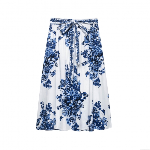 Elegant Women's Blue and White Floral Butterfly Print High Waist A-Line Midi Skirt Fashion Polyester Tie Waist Woven Skirt for Summer Vacation Streetwear