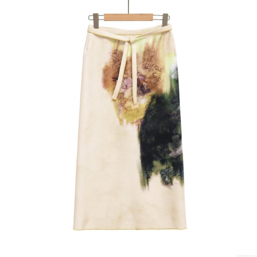 Women Elegant Art Print Bodycon Midi Skirt High Waist Side Slit Long Skirt With Tie Waist Sexy Street Style Beige Polyester Skirt For Casual Vacation