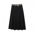 Women's Elegant Cotton Linen Blend Midi Skirt Casual A-Line Skirt With Woven Wave Pattern Belt Metal Buckle Minimalist Streetwear High Waist Skirt