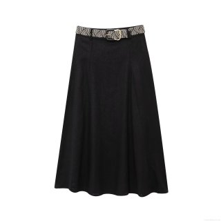 Women's Elegant Cotton Linen Blend Midi Skirt Casual A-Line Skirt With Woven Wave Pattern Belt Metal Buckle Minimalist Streetwear High Waist Skirt