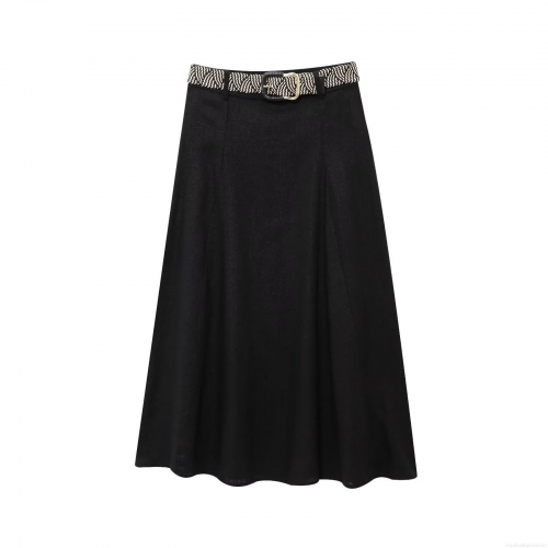 Women's Elegant Cotton Linen Blend Midi Skirt Casual A-Line Skirt With Woven Wave Pattern Belt Metal Buckle Minimalist Streetwear High Waist Skirt