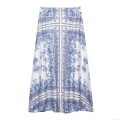 Women's Vintage Blue and White Porcelain Print Maxi Skirt High Waist Satin Polyester Long A-Line Swing Skirts for Vacation Party Holiday Streetwear