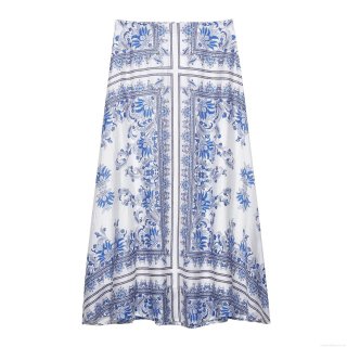 Women's Vintage Blue and White Porcelain Print Maxi Skirt High Waist Satin Polyester Long A-Line Swing Skirts for Vacation Party Holiday Streetwear