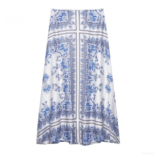Women's Vintage Blue and White Porcelain Print Maxi Skirt High Waist Satin Polyester Long A-Line Swing Skirts for Vacation Party Holiday Streetwear