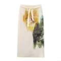 Women Floral Print Midi Skirt Polyester Satin Tie-Waist High Waist Bodycon Skirt With Split Hem For Vacation Streetwear Chic Artistic Abstract Style Female Fashion