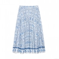 Women's Vintage Blue And White Floral Print A-Line Long Skirt 100% Polyester Woven Fabric Elastic High Waist Flowy Bohemian Summer Beach Maxi Skirt For Women