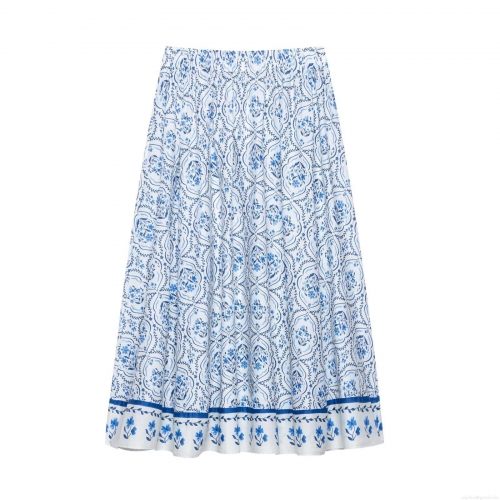 Women's Vintage Blue And White Floral Print A-Line Long Skirt 100% Polyester Woven Fabric Elastic High Waist Flowy Bohemian Summer Beach Maxi Skirt For Women