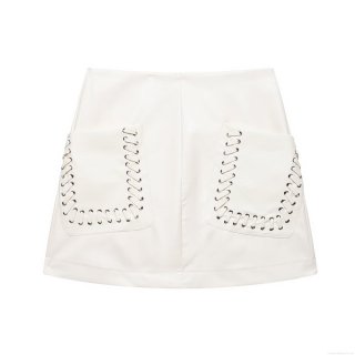 White Mini Skirt Sexy High Waisted Faux Leather Coated Polyester Skirt For Women With Lace Up Eyelet Pockets Slim Fit Bodycon Clubwear Party Street Style Short Skirt
