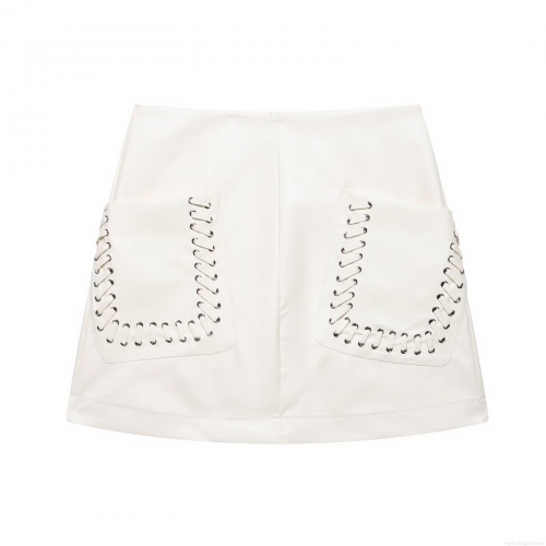 White Mini Skirt Sexy High Waisted Faux Leather Coated Polyester Skirt For Women With Lace Up Eyelet Pockets Slim Fit Bodycon Clubwear Party Street Style Short Skirt