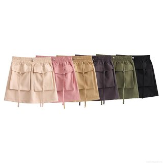 Women High Waist Cargo Mini Skirt With Pockets Elastic Drawstring A-Line Solid Color Casual Streetwear Polyester Short Skirt