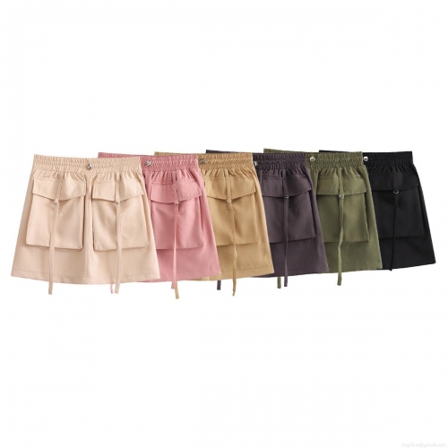 Women High Waist Cargo Mini Skirt With Pockets Elastic Drawstring A-Line Solid Color Casual Streetwear Polyester Short Skirt