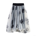 Women's Elegant Black and White Floral Print Organza Maxi Skirt High Waist Elastic Double Layer A-Line Party Long Skirt