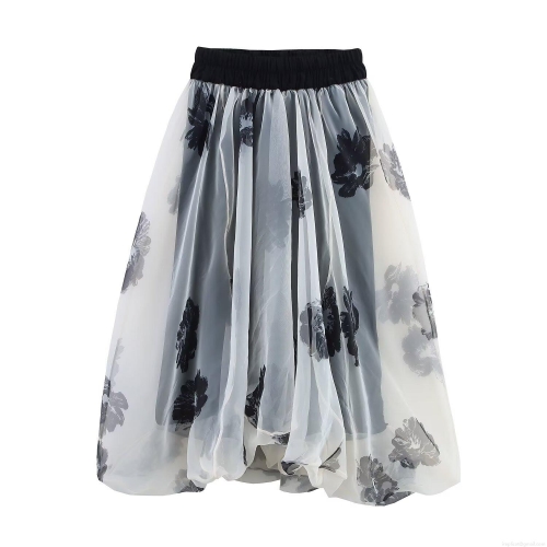 Women's Elegant Black and White Floral Print Organza Maxi Skirt High Waist Elastic Double Layer A-Line Party Long Skirt