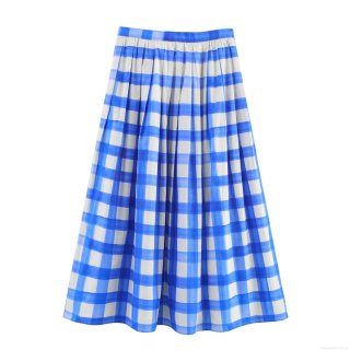 High Waist Blue White Plaid Pleated Midi Skirt For Women Sexy Chic Streetwear Polyester A-Line Flare Skirt Spring Summer Fashion