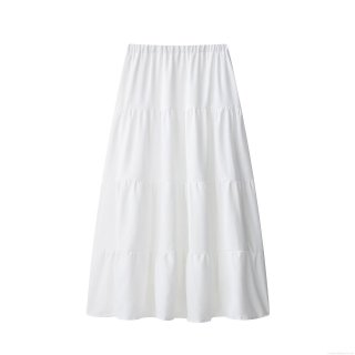 Women Casual Solid White Tiered Midi Skirt Elastic Waist Polyester 3-Layer Ruffle Cake Skirt Streetwear Boho Style Skirt For Daily Holiday Wear