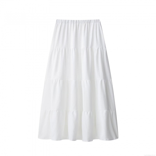 Women Casual Solid White Tiered Midi Skirt Elastic Waist Polyester 3-Layer Ruffle Cake Skirt Streetwear Boho Style Skirt For Daily Holiday Wear