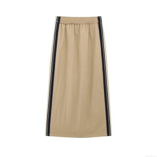 Women's Casual Khaki Midi Skirt High Waist Elastic Side Stripes Bodycon Pencil Skirt With Back Slit Streetwear Street Style Polyester Skirt For Women Daily Wear