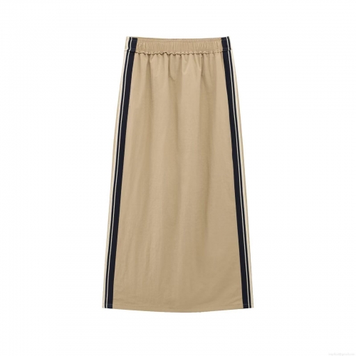 Women's Casual Khaki Midi Skirt High Waist Elastic Side Stripes Bodycon Pencil Skirt With Back Slit Streetwear Street Style Polyester Skirt For Women Daily Wear